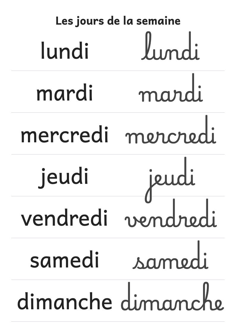 Aperçu, page 1 : Affiche des jours de la semaine en script et en attaché (CP)