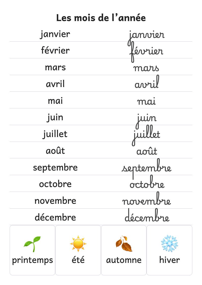 Aperçu, page 1 : Affiche des mois de l’année en script et en attaché, et des saisons (CP)