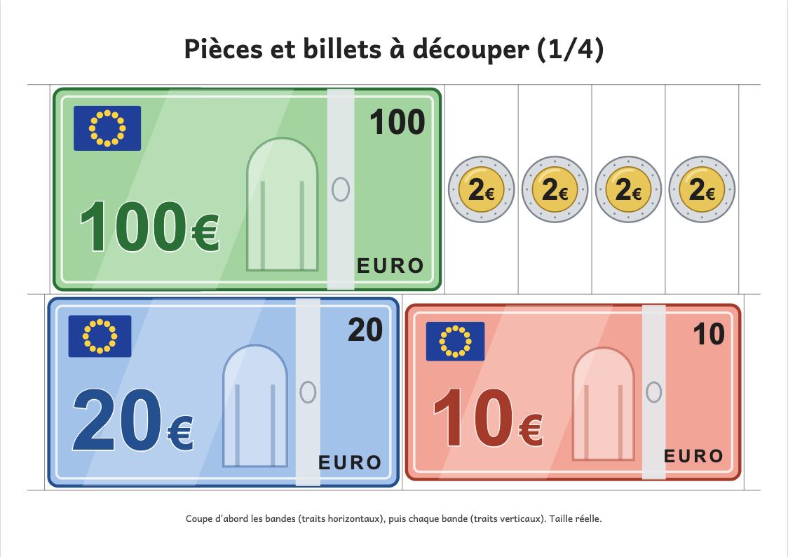 Aperçu, page 1 : Planche d'euros et de centimes à découper (taille réelle)