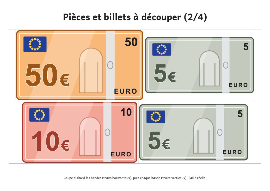 Aperçu, page 2 : Planche d'euros et de centimes à découper (taille réelle)