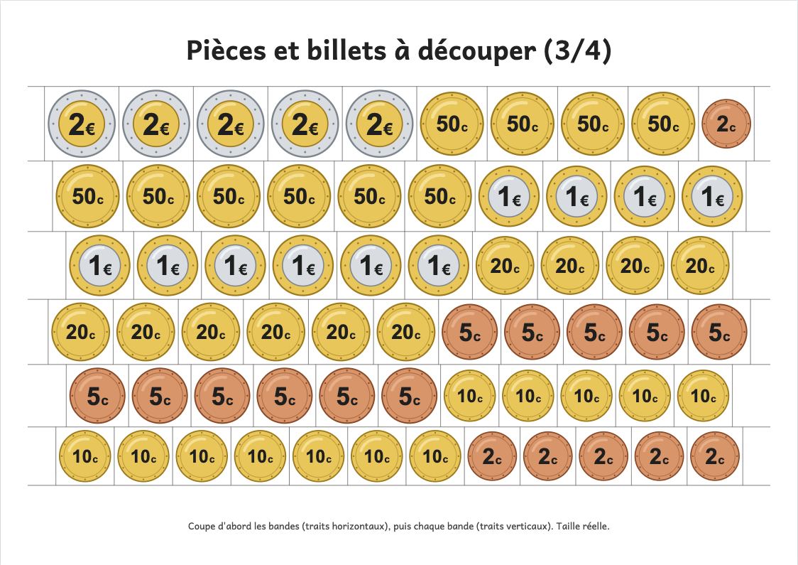 Aperçu, page 3 : Planche d'euros et de centimes à découper (taille réelle)