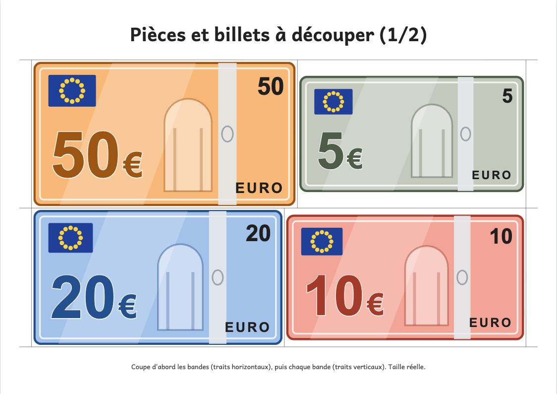 Aperçu, page 1 : Planche de pièces et de billets en euros à découper (taille réelle)