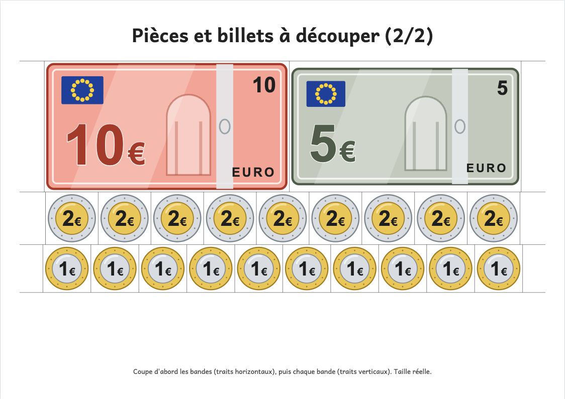 Aperçu, page 2 : Planche de pièces et de billets en euros à découper (taille réelle)