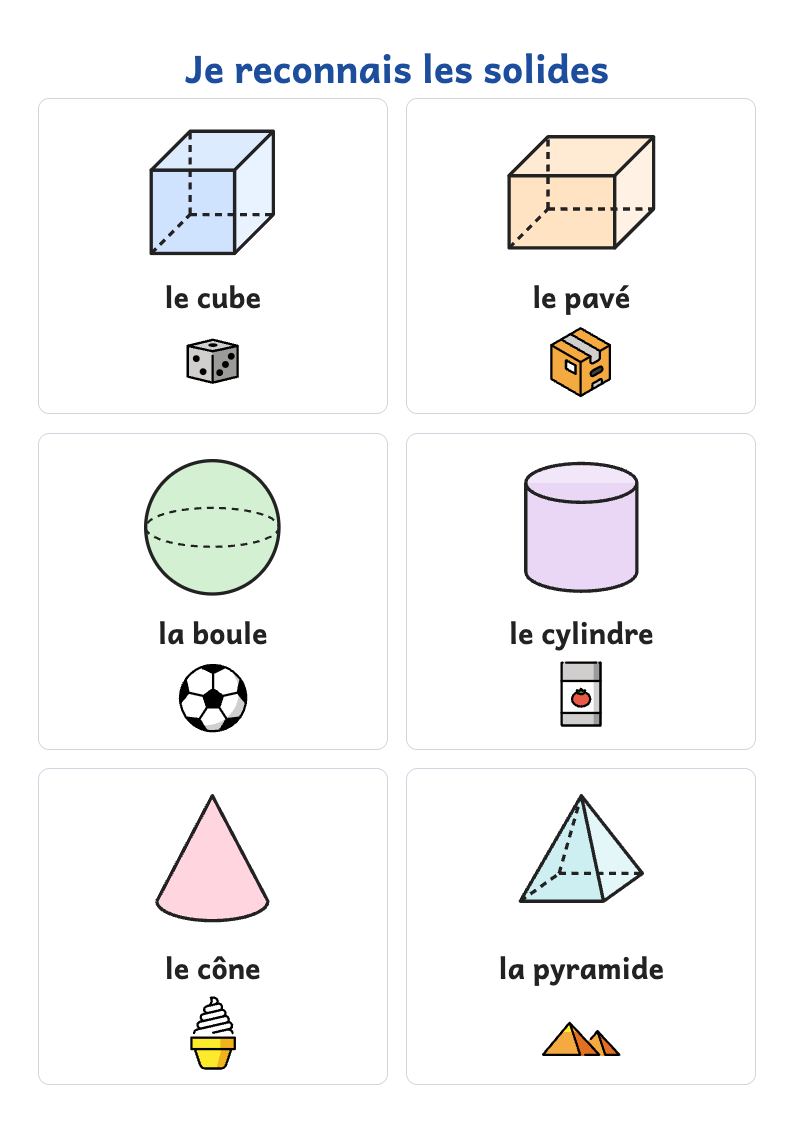 Aperçu, page 1 : Affiche des solides de la maternelle : cube, pavé, boule, cylindre, cône, pyramide