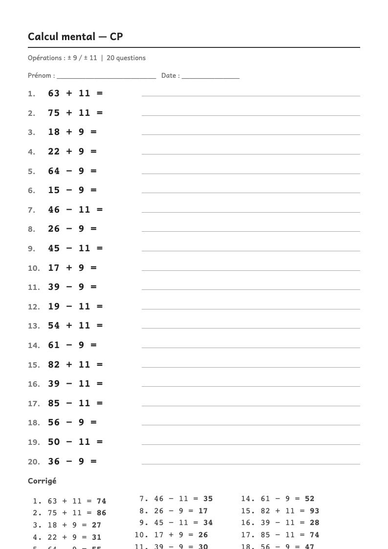 Aperçu, page 1 : Calcul mental — Ajouter ou retirer 9, 19, 29… (passer par la dizaine)