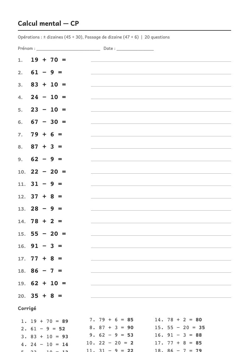 Aperçu, page 1 : Calcul mental — Ajouter ou retirer 1, 2, 10, 20, 30… puis des centaines