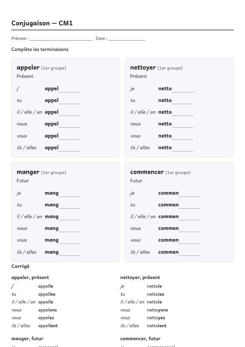Aperçu, page 1 : Conjugaison — Verbes du 1er groupe à radical variable : -cer, -ger, -eler, -eter, -yer, e muet (je commence / nous commençons)