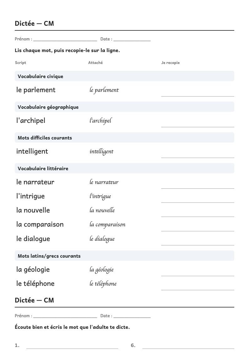 Aperçu, page 1 : Dictée