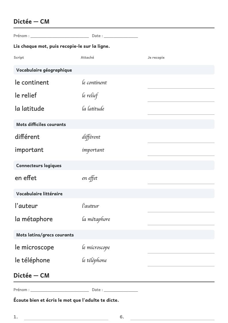 Aperçu, page 1 : Dictée