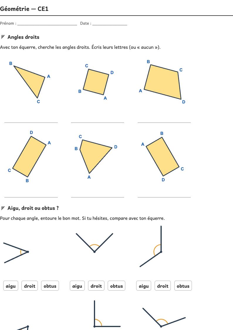 Aperçu, page 1 : Géométrie — Repérer et tracer un angle droit avec l’équerre
