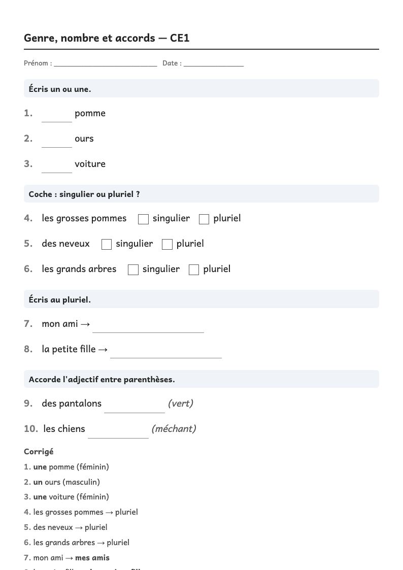 Aperçu, page 1 : Grammaire — Masculin, féminin, singulier, pluriel ; accords dans le groupe nominal