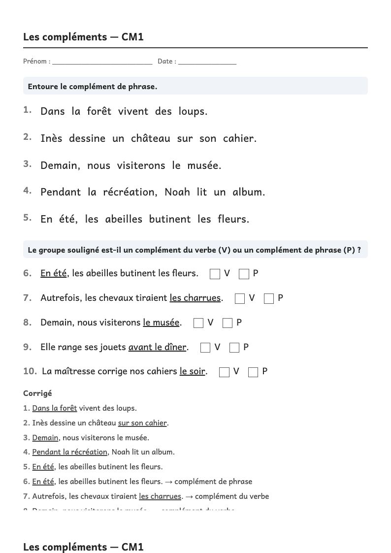 Aperçu, page 1 : Grammaire — Compléments du verbe (COD, COI) et compléments circonstanciels