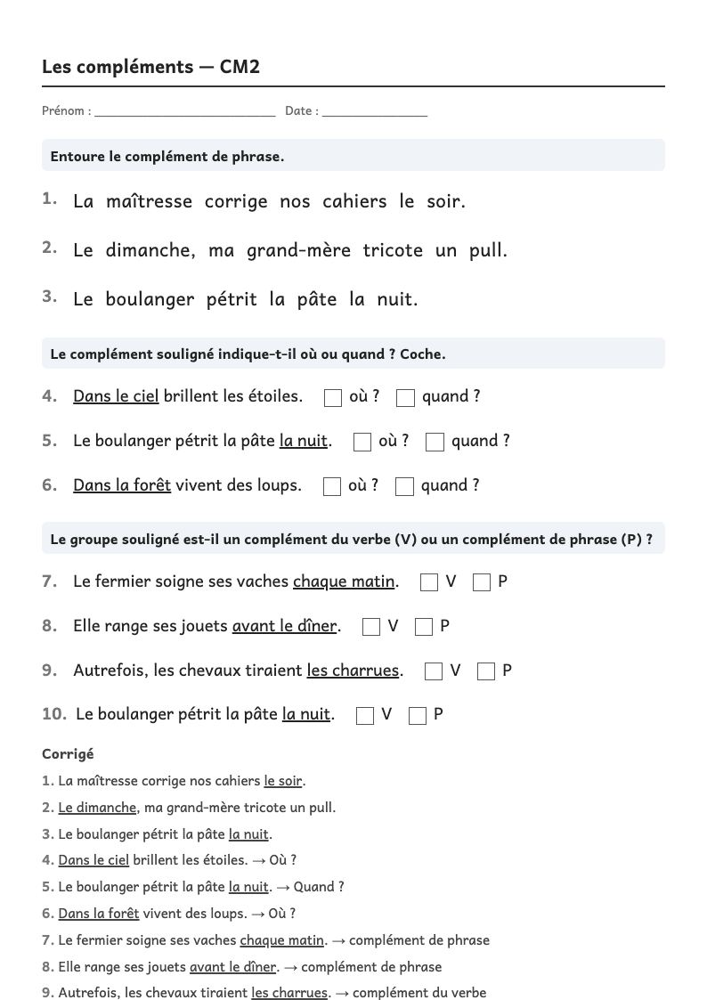 Aperçu, page 1 : Grammaire — Compléments du verbe (COD, COI) et compléments circonstanciels