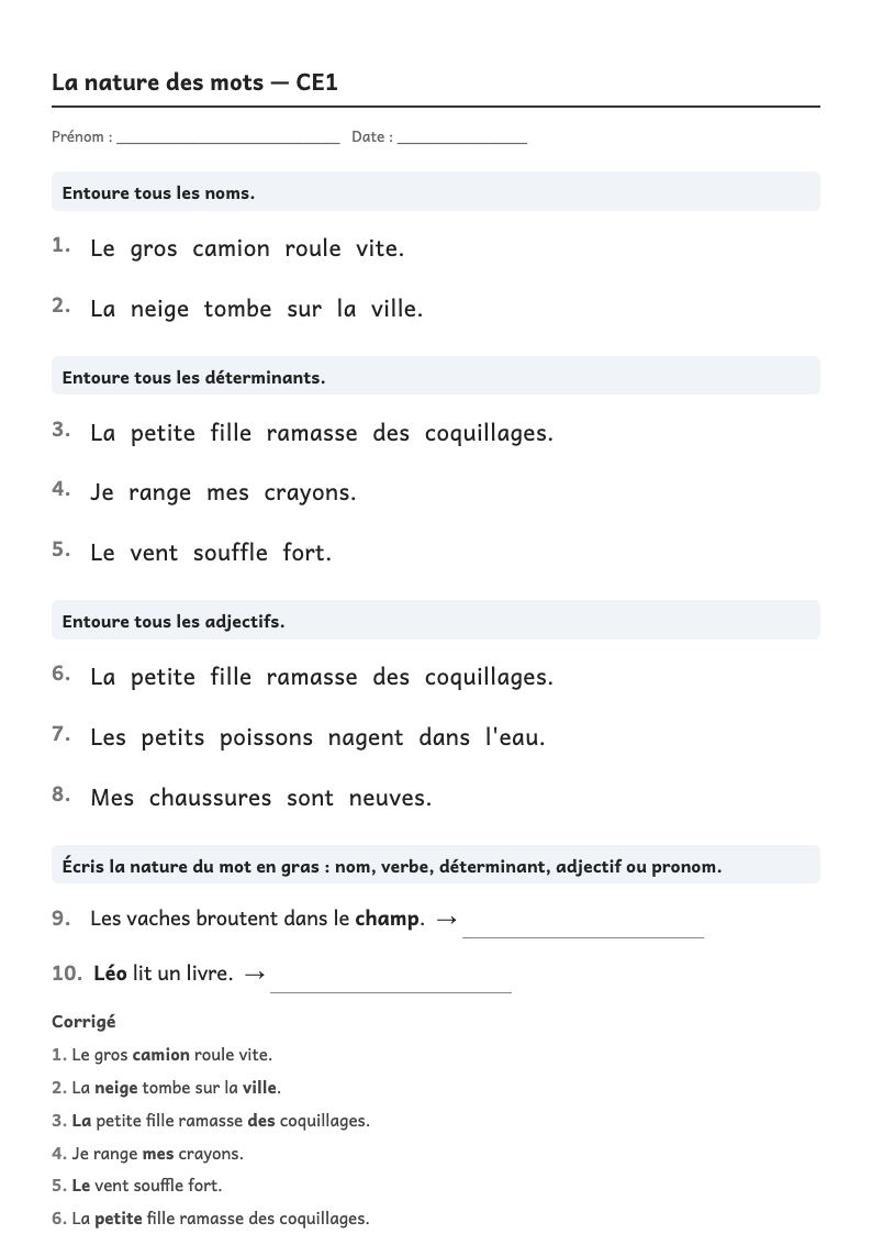 Aperçu, page 1 : Grammaire — Nature des mots : nom, verbe, déterminant, adjectif, pronom (liste par année)