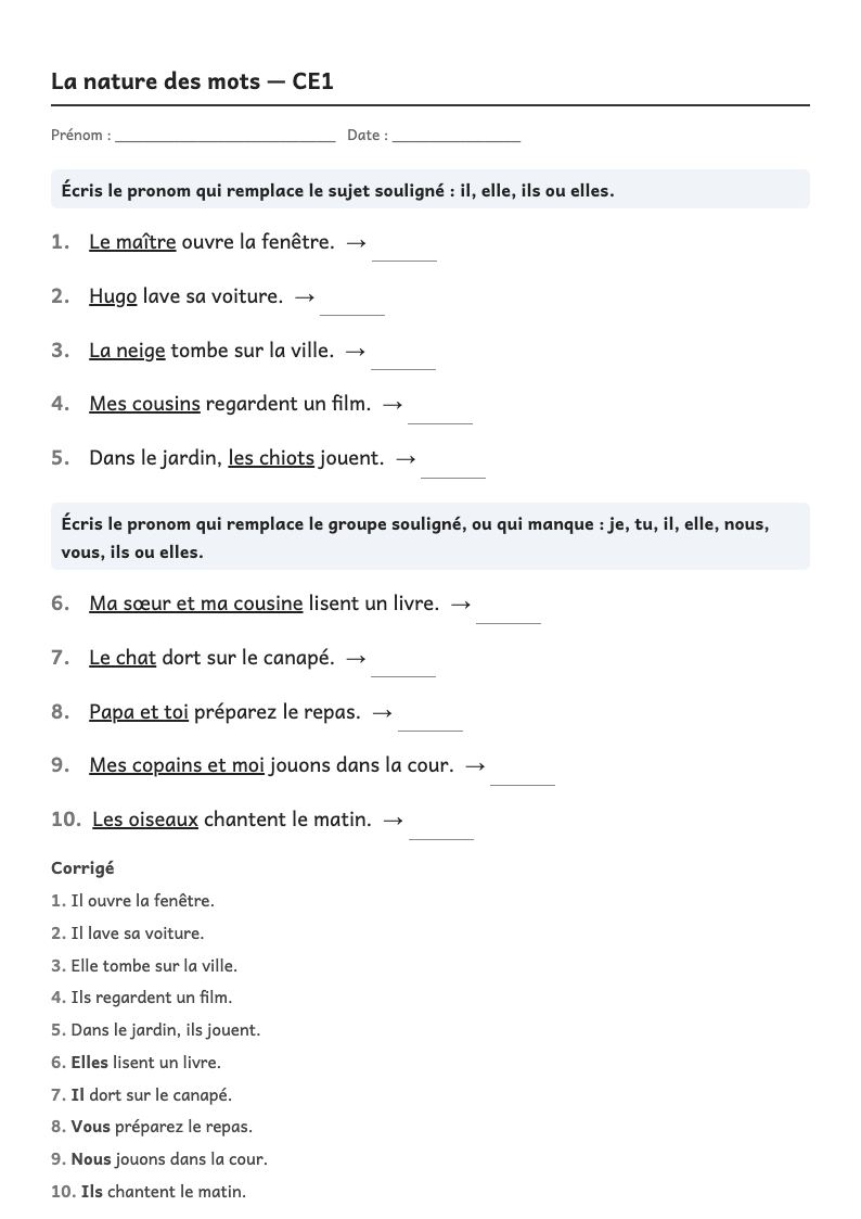 Aperçu, page 1 : Grammaire — Nature des mots : nom, verbe, déterminant, adjectif, pronom (liste par année)