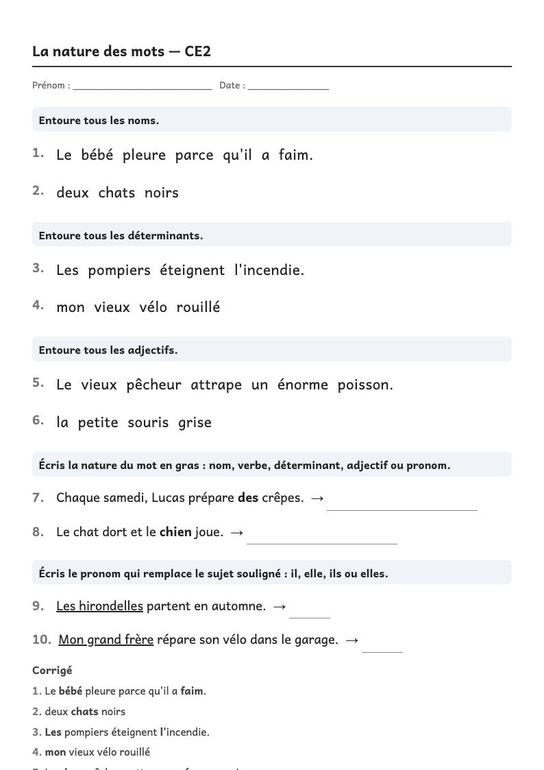 Aperçu, page 1 : Grammaire — Nature des mots : nom, verbe, déterminant, adjectif, pronom (liste par année)