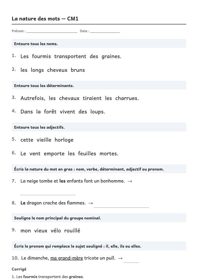 Aperçu, page 1 : Grammaire — Nature des mots : nom, verbe, déterminant, adjectif, pronom (liste par année)