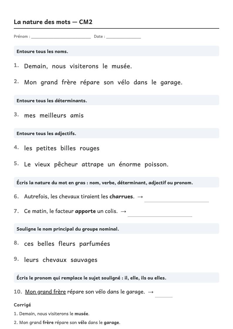 Aperçu, page 1 : Grammaire — Nature des mots : nom, verbe, déterminant, adjectif, pronom (liste par année)