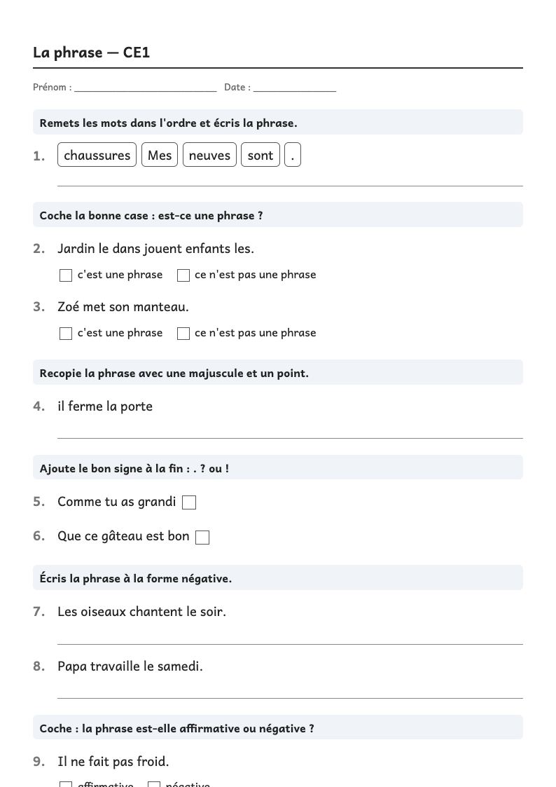 Aperçu, page 1 : Grammaire — La phrase : majuscule, point ; phrases déclarative, interrogative, impérative ; forme négative