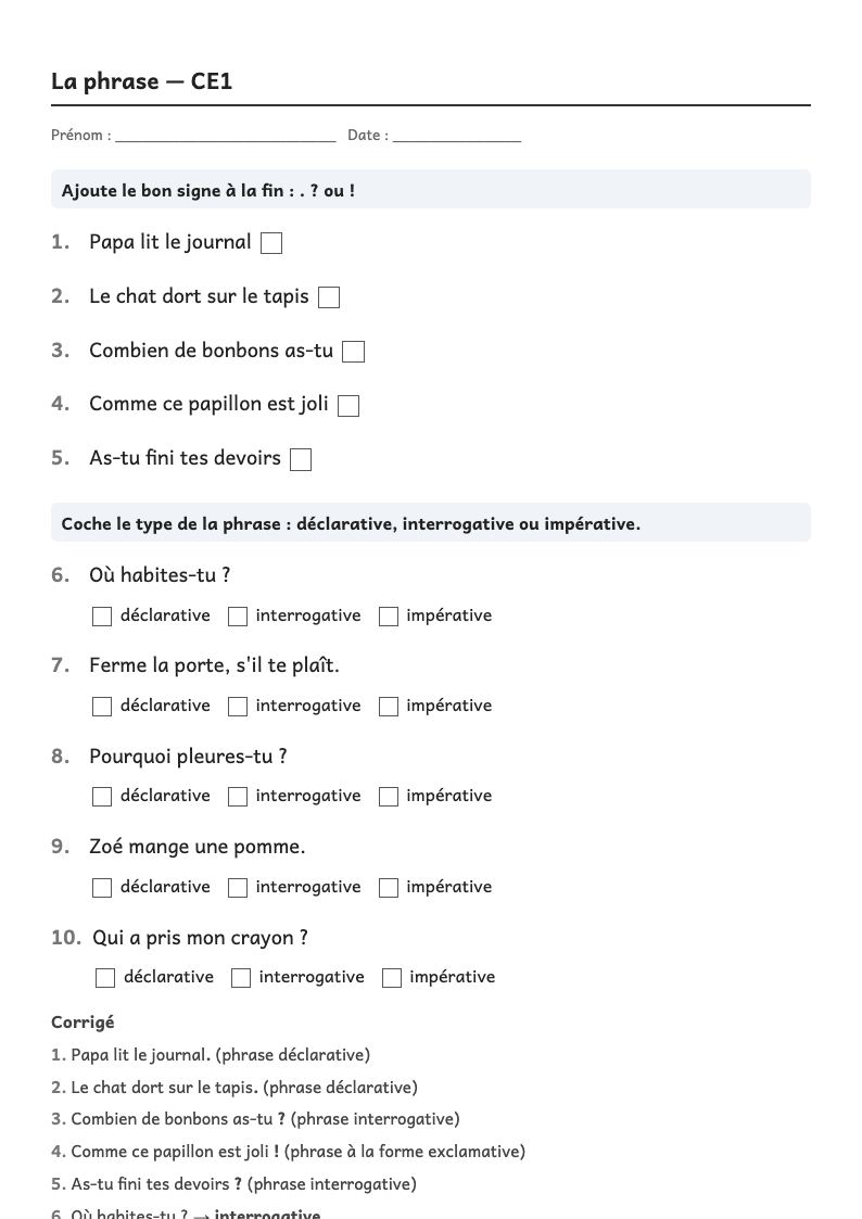 Aperçu, page 1 : Grammaire — La phrase : majuscule, point ; phrases déclarative, interrogative, impérative ; forme négative