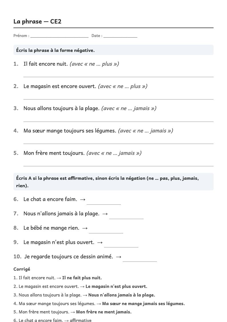 Aperçu, page 1 : Grammaire — La phrase : majuscule, point ; phrases déclarative, interrogative, impérative ; forme négative