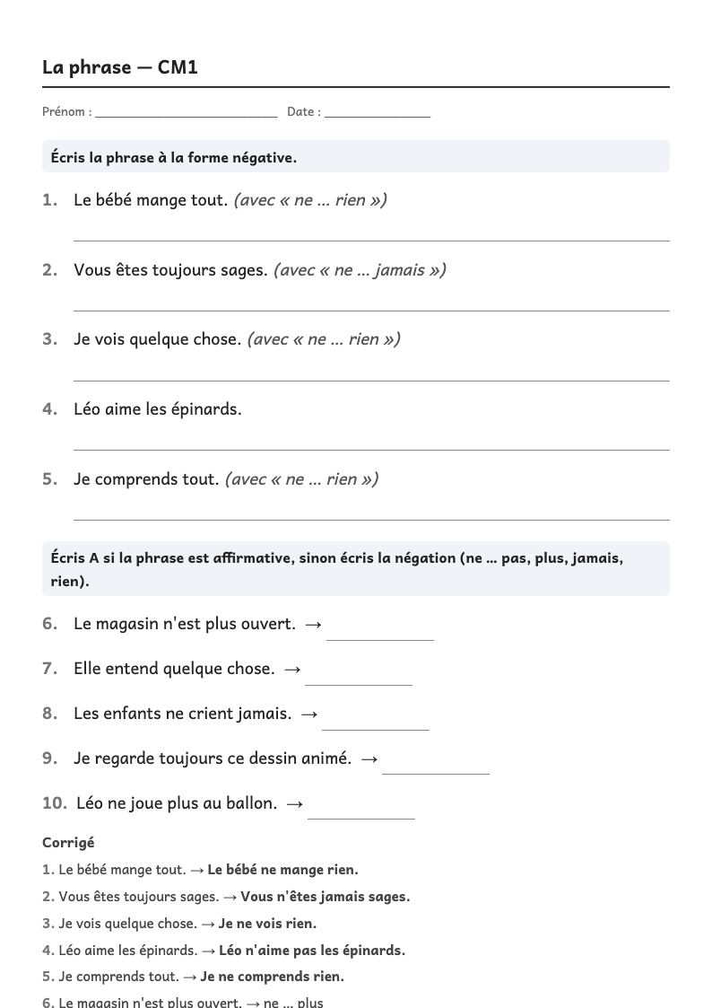Aperçu, page 1 : Grammaire — La phrase : majuscule, point ; phrases déclarative, interrogative, impérative ; forme négative