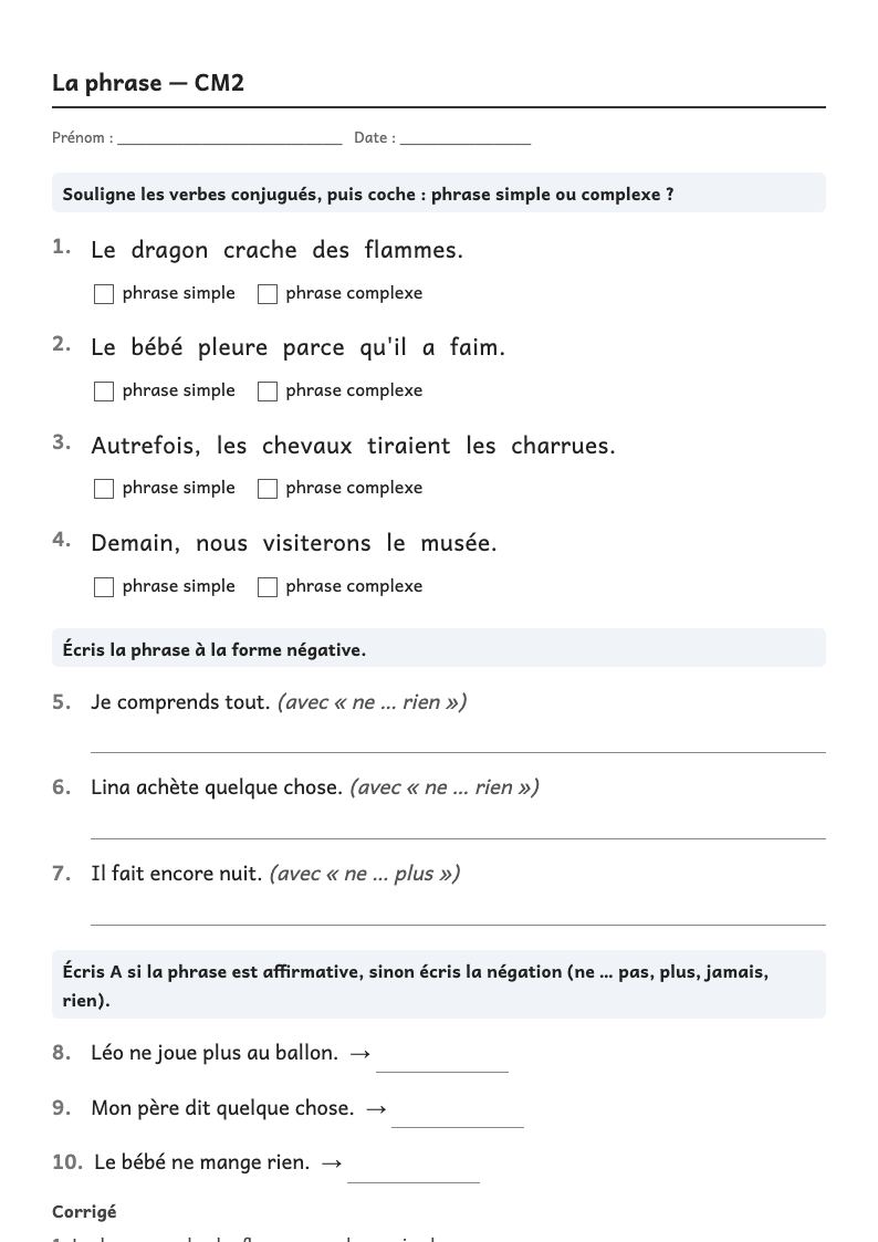Aperçu, page 1 : Grammaire — La phrase : majuscule, point ; phrases déclarative, interrogative, impérative ; forme négative
