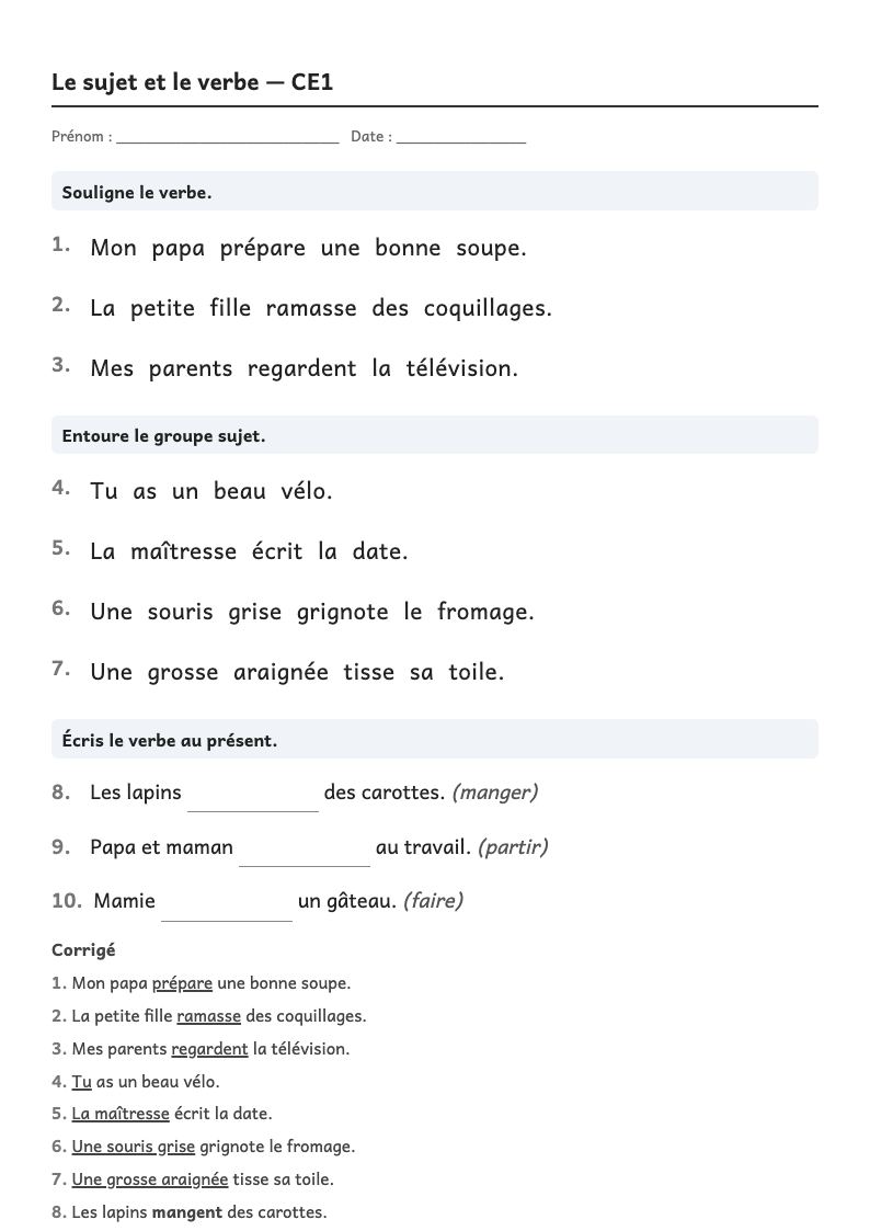 Aperçu, page 1 : Grammaire — Trouver le verbe et son sujet ; accorder le verbe avec le sujet