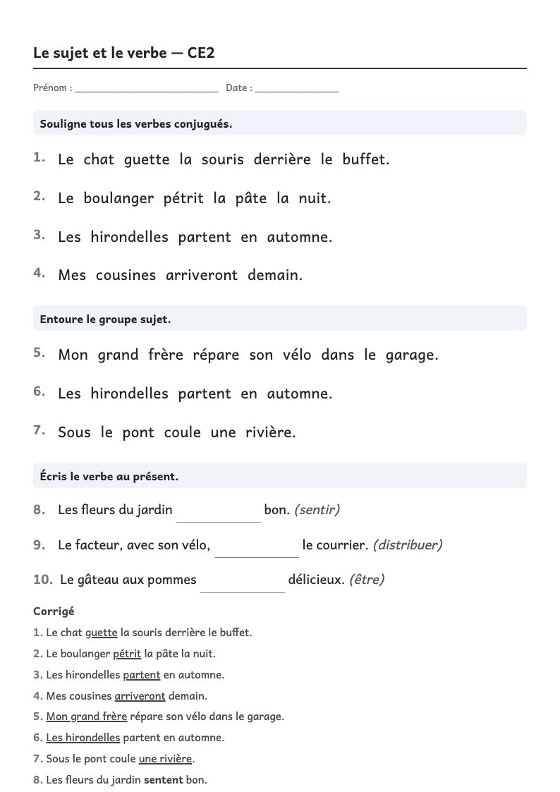 Aperçu, page 1 : Grammaire — Trouver le verbe et son sujet ; accorder le verbe avec le sujet