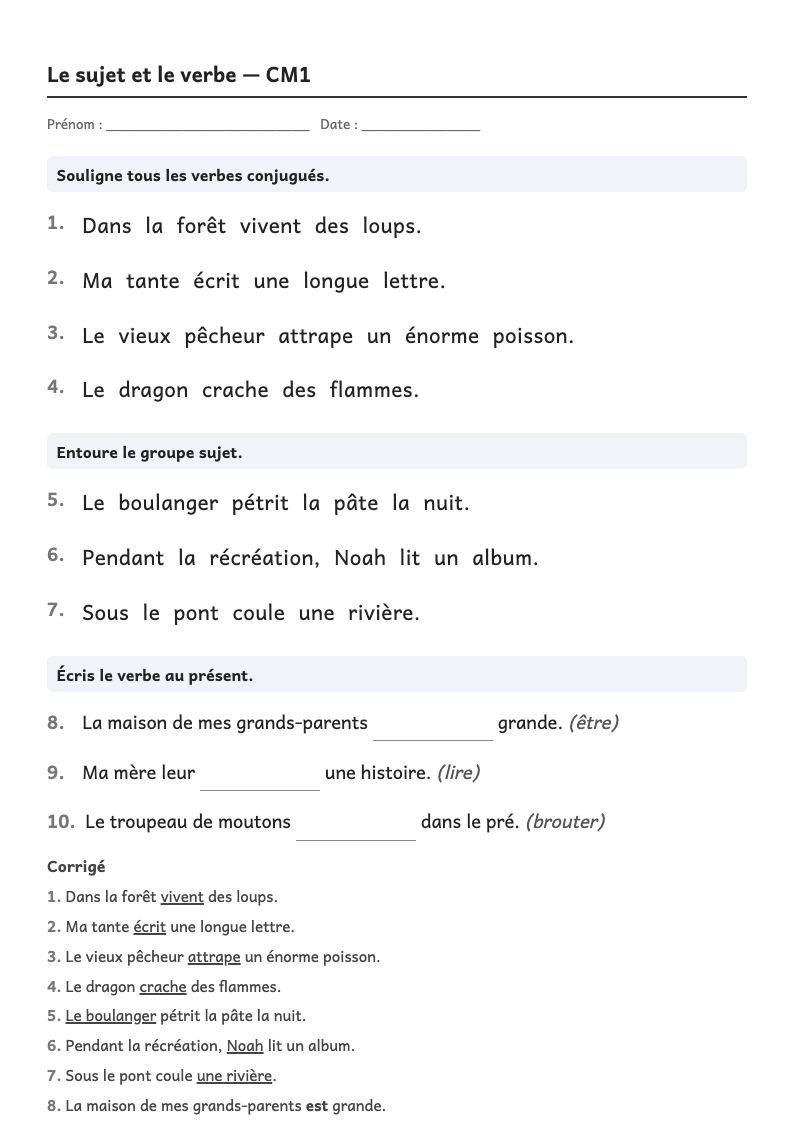 Aperçu, page 1 : Grammaire — Trouver le verbe et son sujet ; accorder le verbe avec le sujet