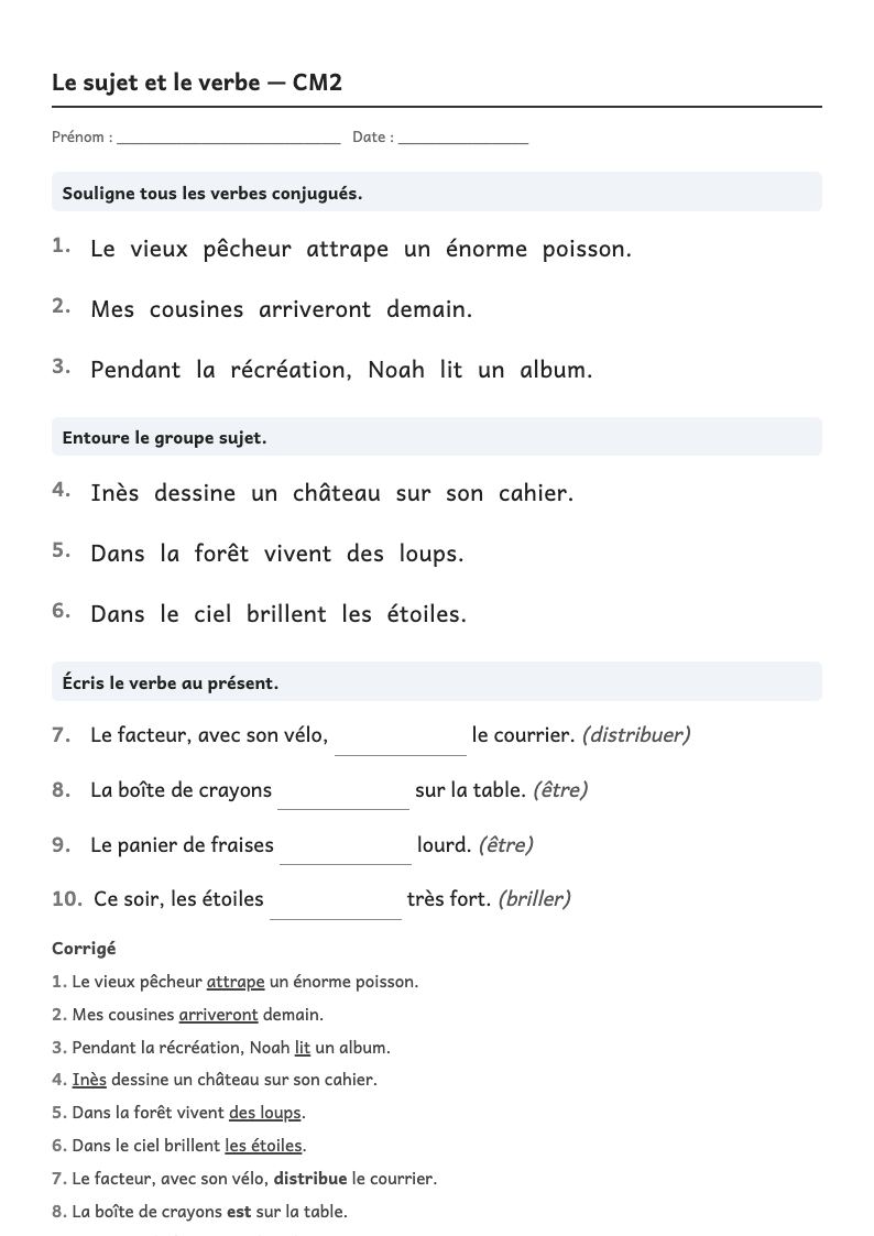 Aperçu, page 1 : Grammaire — Trouver le verbe et son sujet ; accorder le verbe avec le sujet