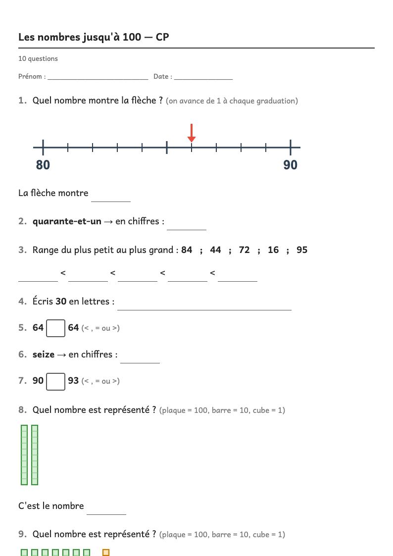 Aperçu, page 1 : Les nombres jusqu'à {n}