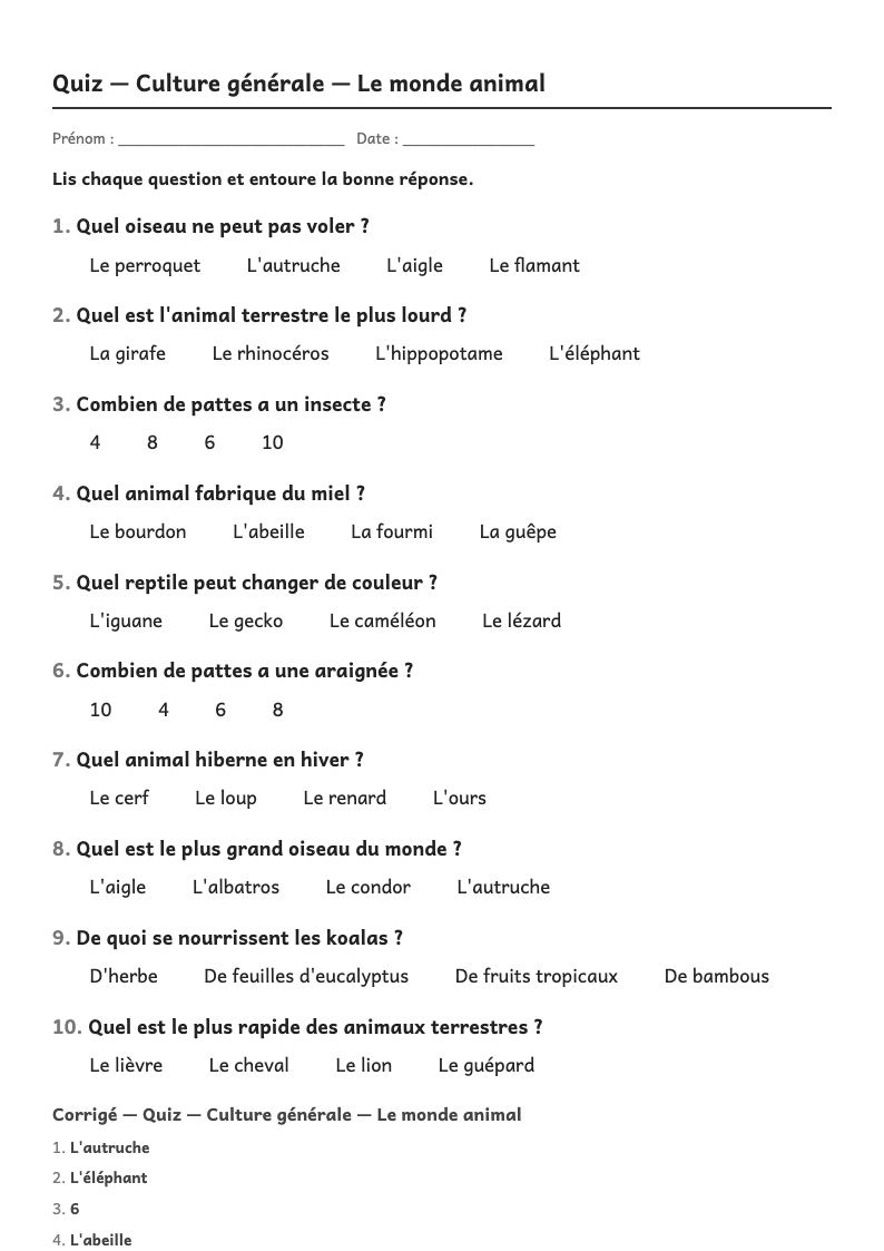 Aperçu, page 1 : Quiz — Culture générale