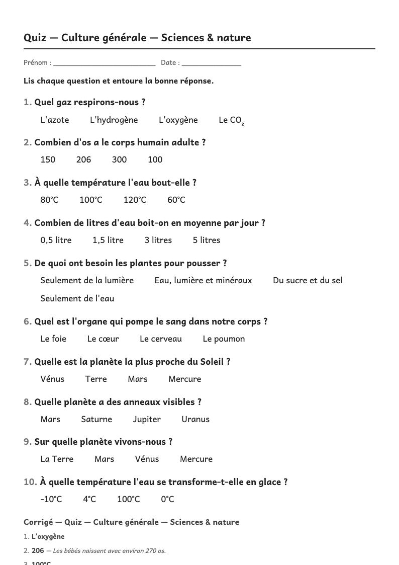 Aperçu, page 1 : Quiz — Culture générale
