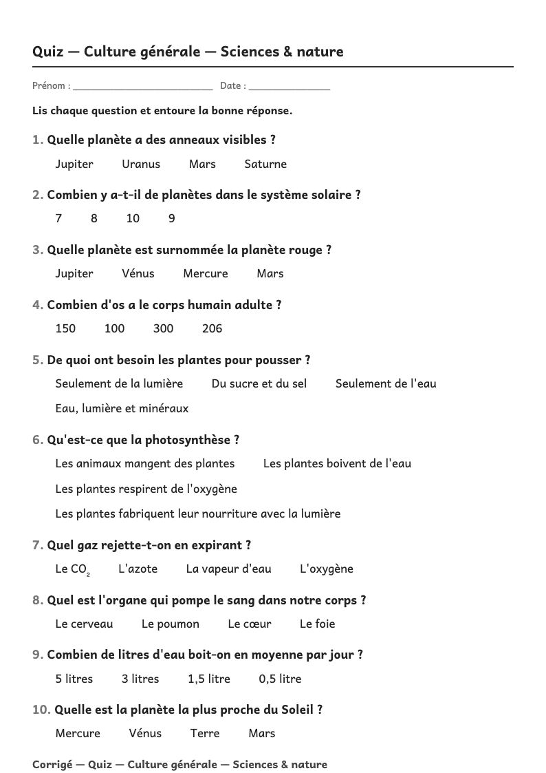 Aperçu, page 1 : Quiz — Culture générale
