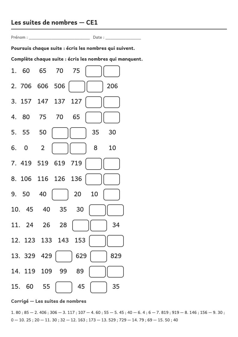 Aperçu, page 1 : Fiche de suites de nombres : poursuivre et compléter