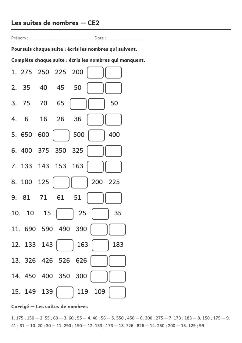 Aperçu, page 1 : Fiche de suites de nombres : poursuivre et compléter