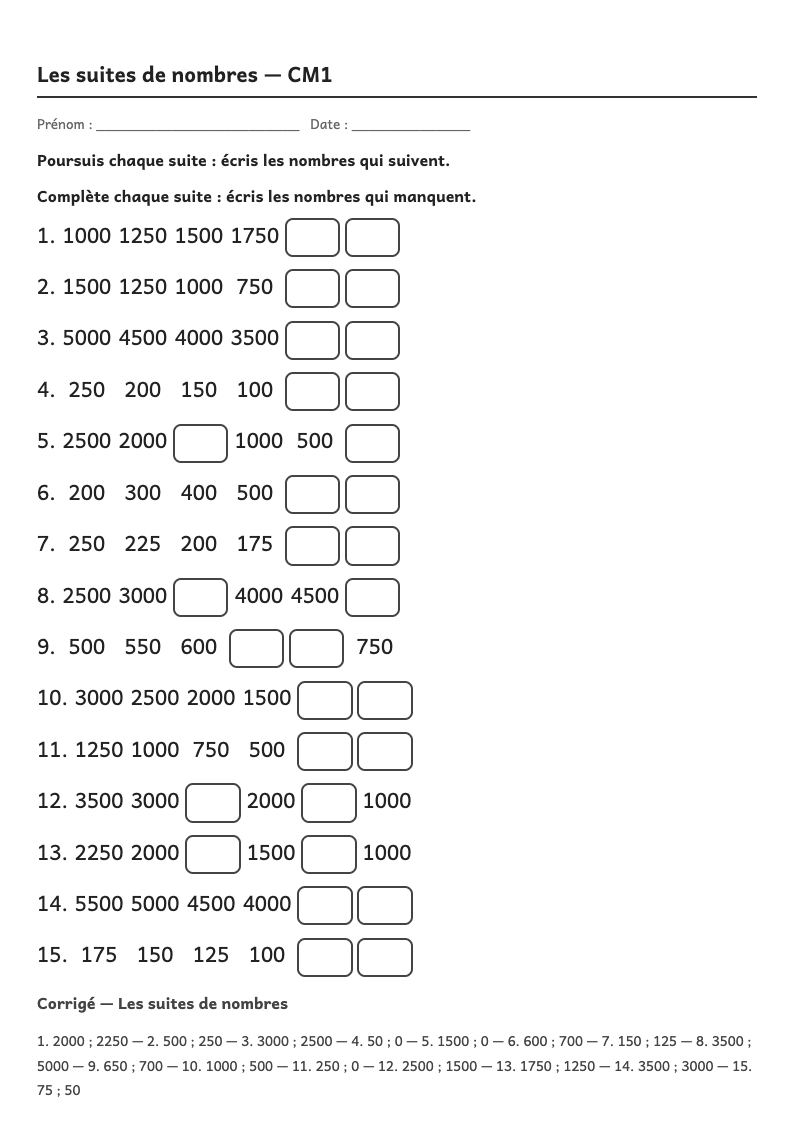 Aperçu, page 1 : Fiche de suites de nombres : poursuivre et compléter