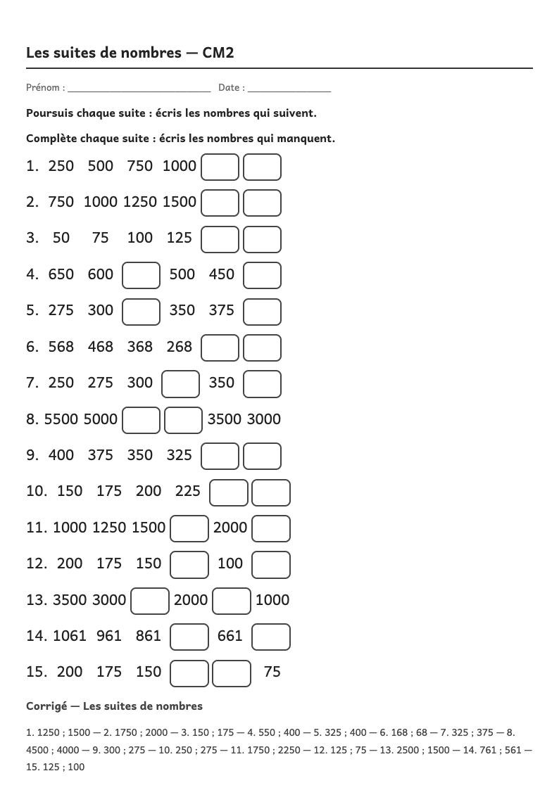 Aperçu, page 1 : Fiche de suites de nombres : poursuivre et compléter