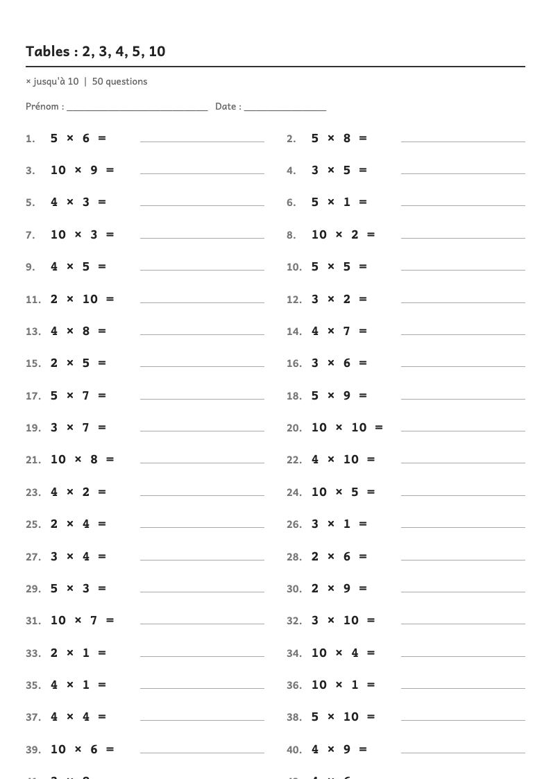 Aperçu, page 1 : Tables de multiplication