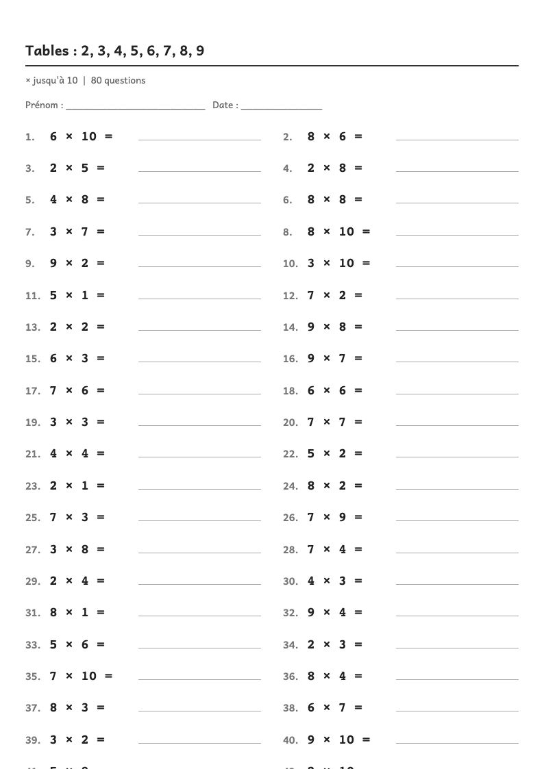 Aperçu, page 1 : Tables de multiplication