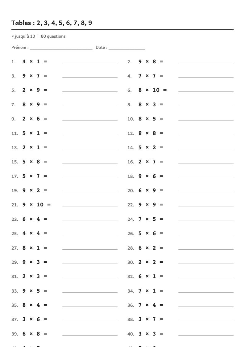 Aperçu, page 1 : Tables de multiplication
