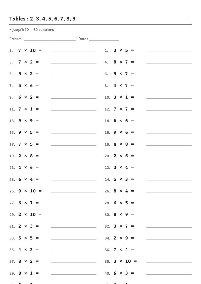 Aperçu, page 1 : Tables de multiplication