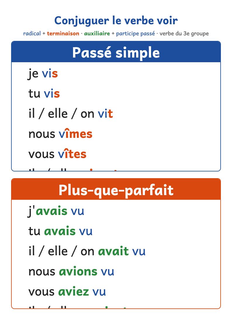 Conjugaison du verbe voir : passé simple et plus-que-parfait
