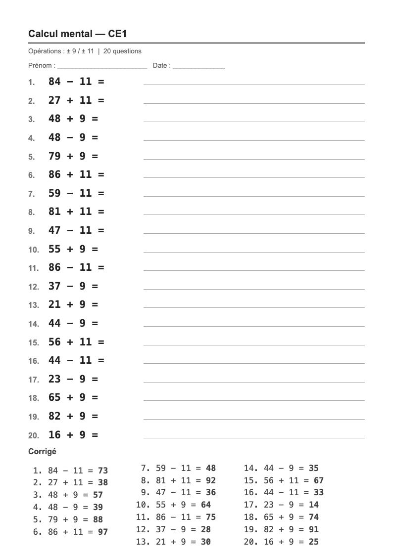 Calcul mental — CE1 : ajouter ou retirer 9 et 11, fiches d'exercices à imprimer