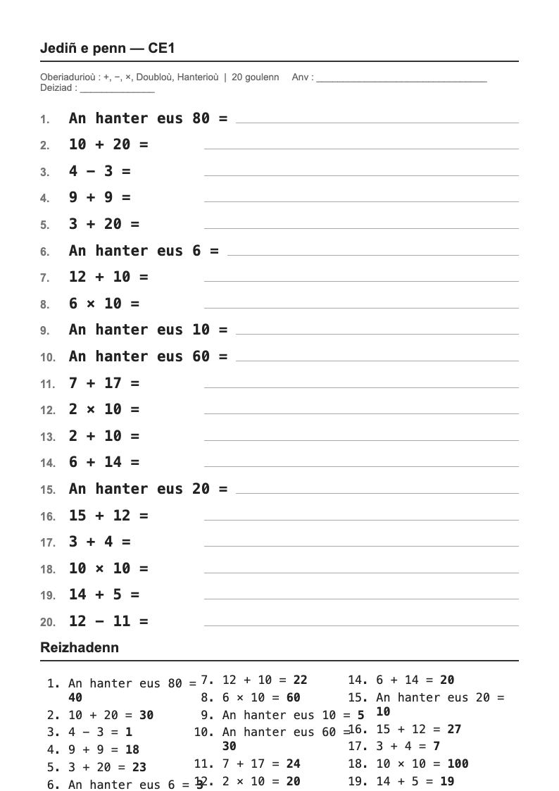 Calcul mental — CE1 : fiches d'exercices à imprimer (consignes en breton)