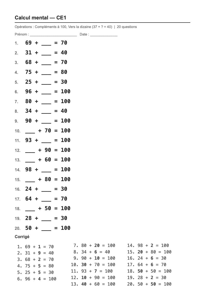 Calcul mental — CE1 : les compléments à la dizaine et à 100, fiches d'exercices à imprimer