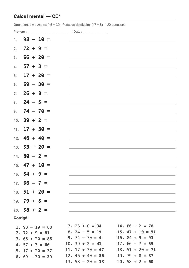 Calcul mental — CE1 : ajouter des dizaines, passer la dizaine, fiches d'exercices à imprimer