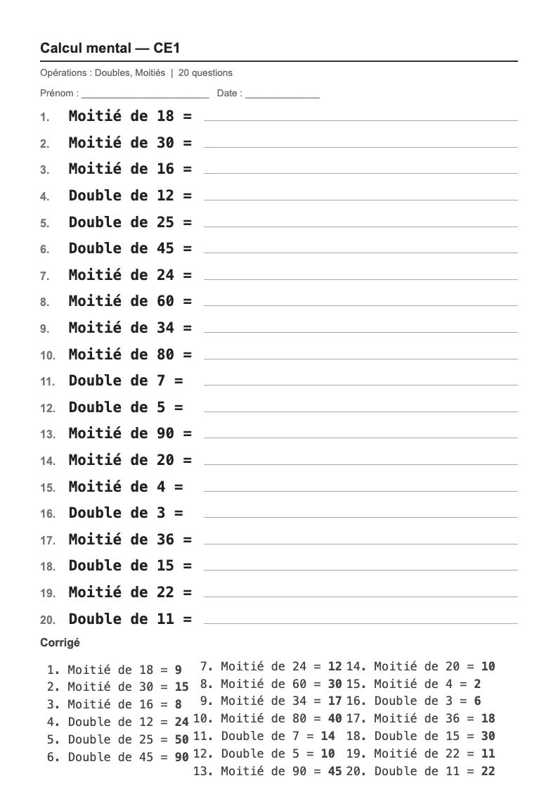 Calcul mental — CE1 : doubles et moitiés, fiches d'exercices à imprimer