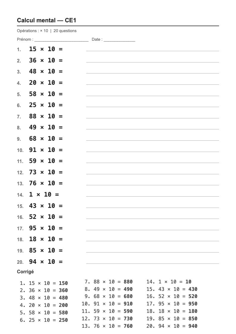 Calcul mental — CE1 : multiplier par 10 et par 100, fiches d'exercices à imprimer